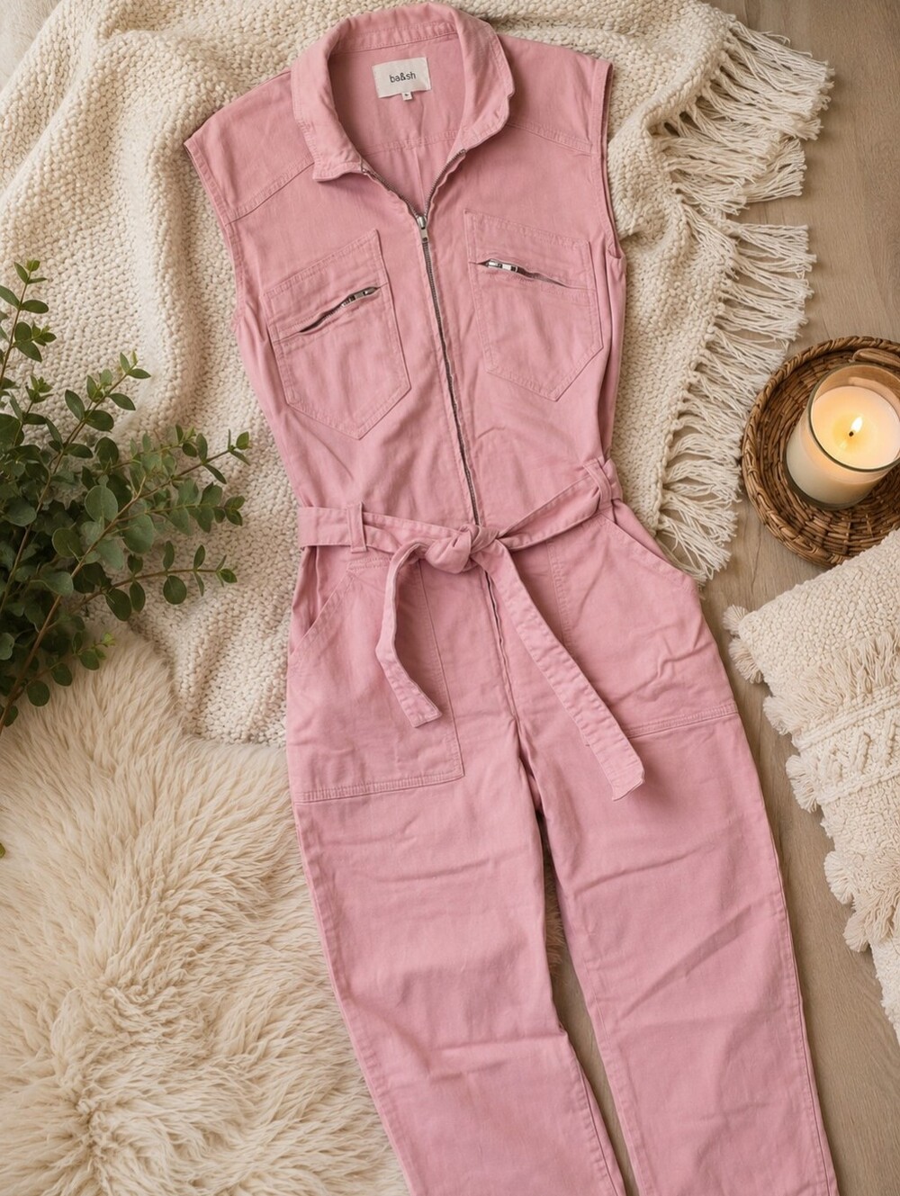 Ba&sh Wally Sleeveless Denim Belted Zip Jumpsuit Pink Size 2/Medium Coveralls